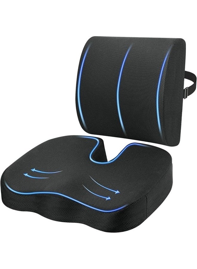 طقم الراحة الطبية المتكامل - وسادة مقعد ومسند ظهر ميموري فوم لدعم القطنية والعصعص - لتخفيف آلام الحوض والظهر - مثالي للمكتب، السيارة، والكرسي المتحرك - Image 1